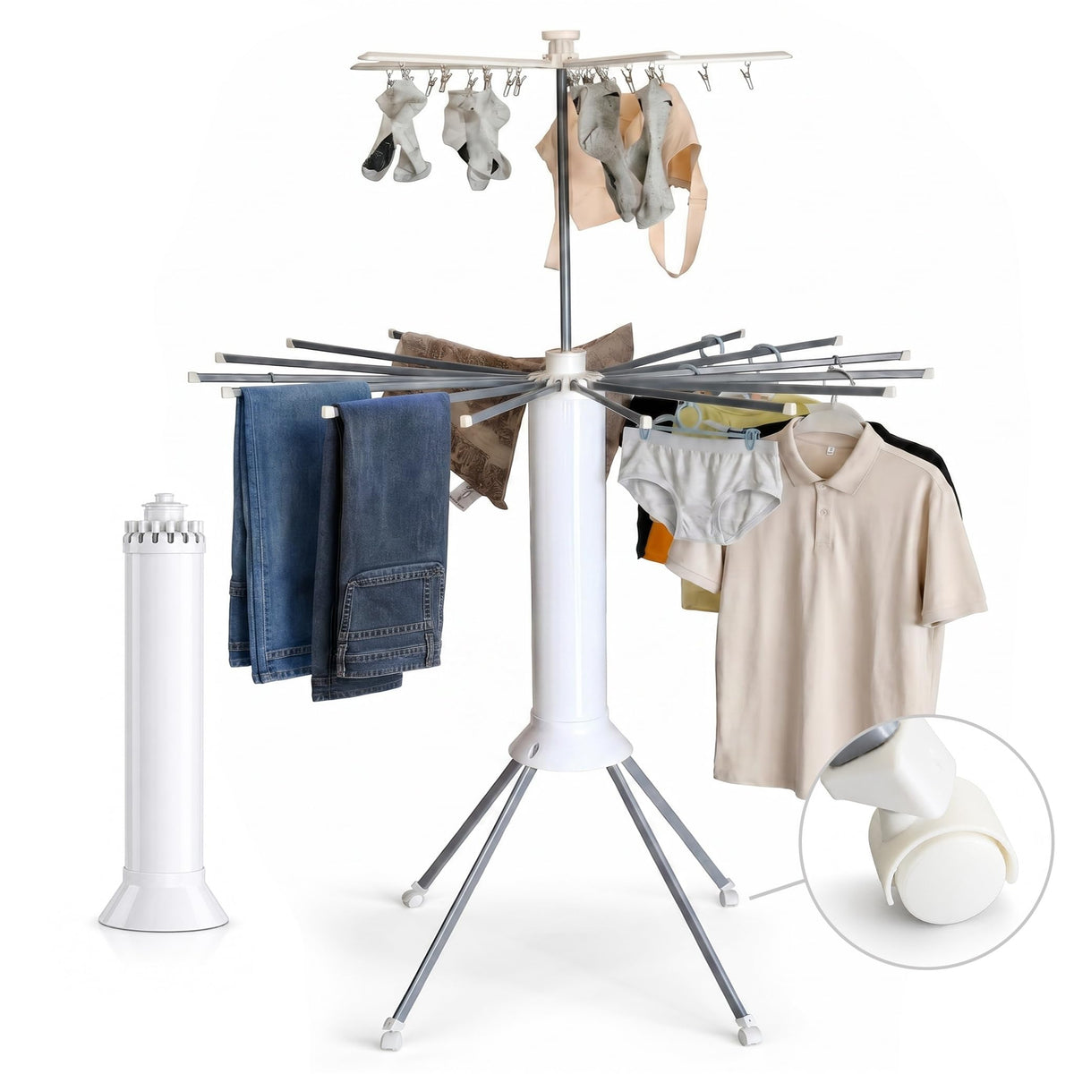 Clothes Drying Rack Foldable with Rolling Wheels, Portable Laundry Drying Rack with 16 Aluminum Arms, Stable 4-Leg Base, 360° Rotating Design for Indoor Outdoor (Double-Tier with Shoe Rack)