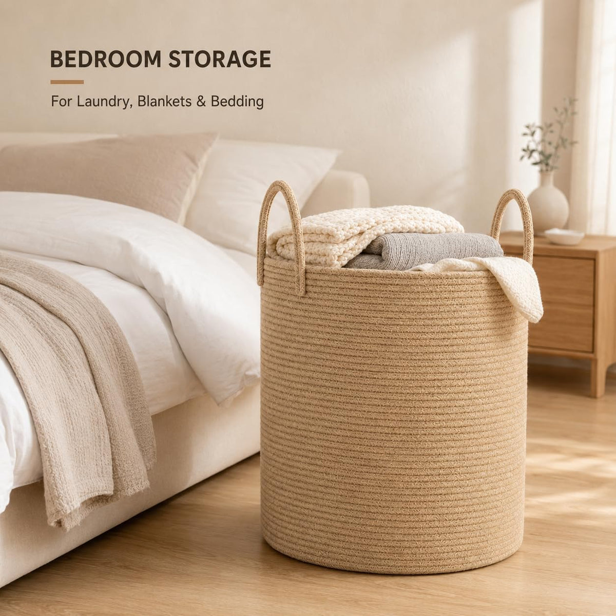 Jute Rope Laundry Hamper Basket, 58L Woven Blanket Basket for Nursery