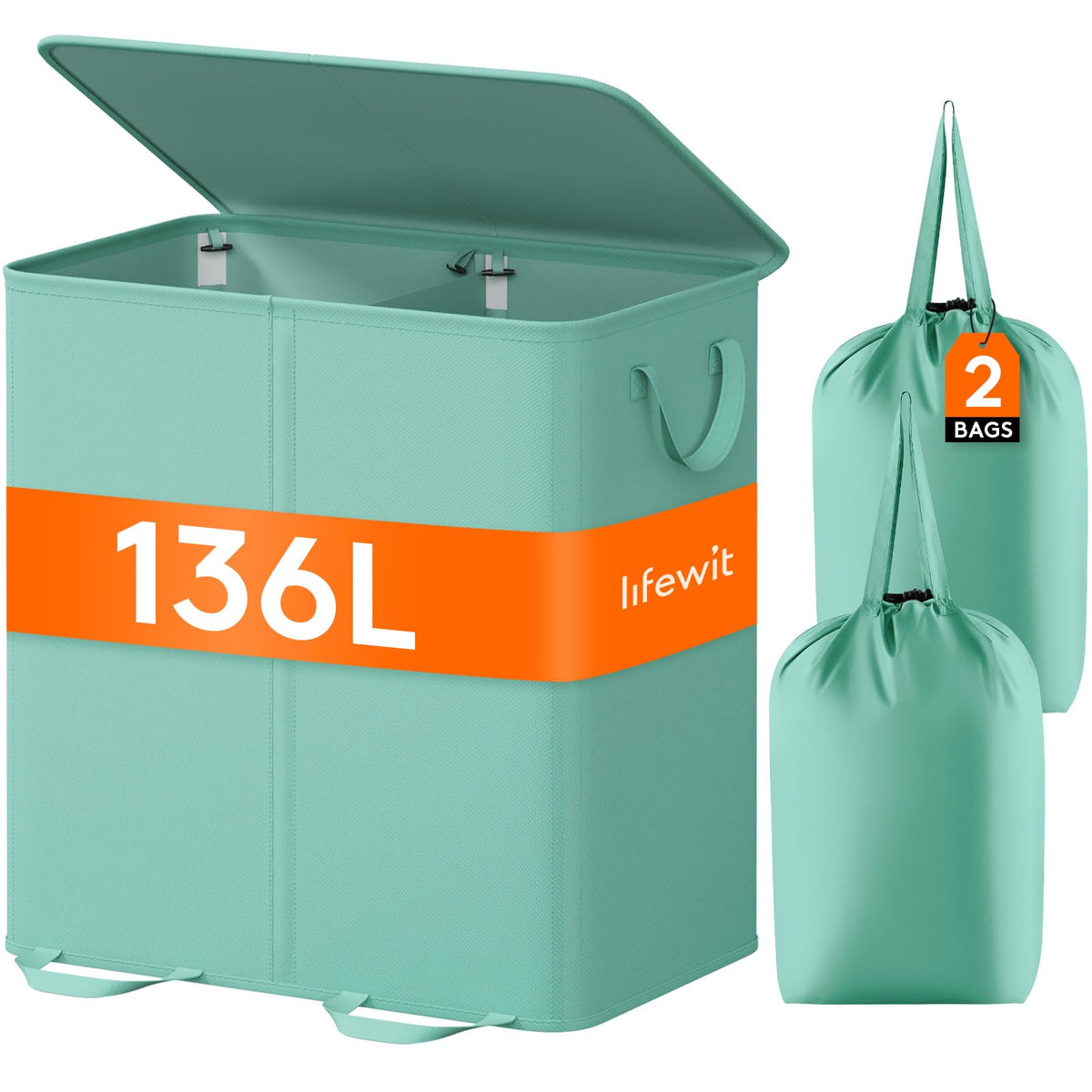 Lifewit Double Laundry Hamper with Lid, Removable Laundry Bags, Black