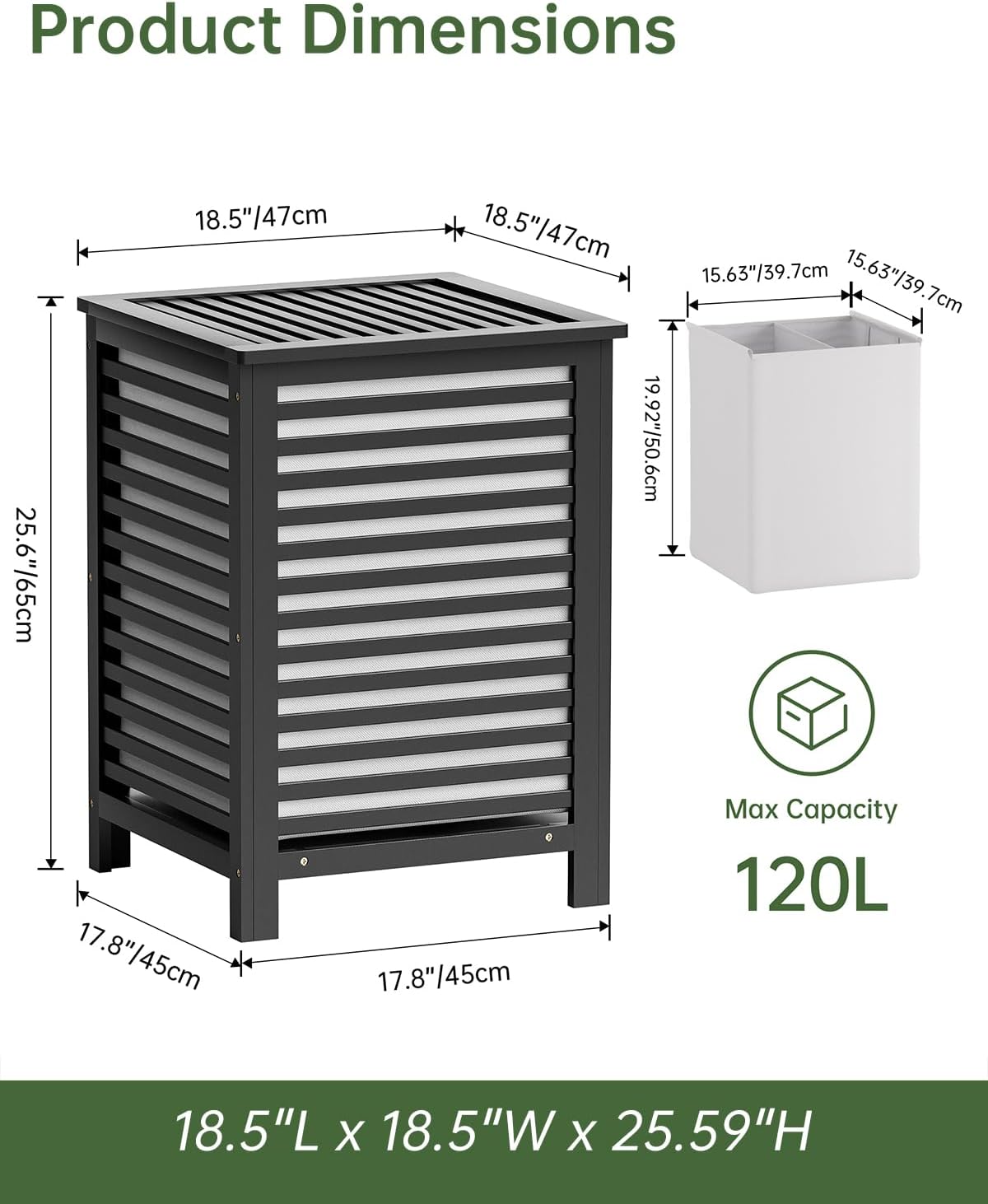 SMIBUY Double Laundry Hamper with Lid, 120L Bamboo Laundry Basket with Removable Liner Bag, 2-Section Clothes Divider Laundry Sorter for Laundry Room, Bathroom, Bedroom (Black)