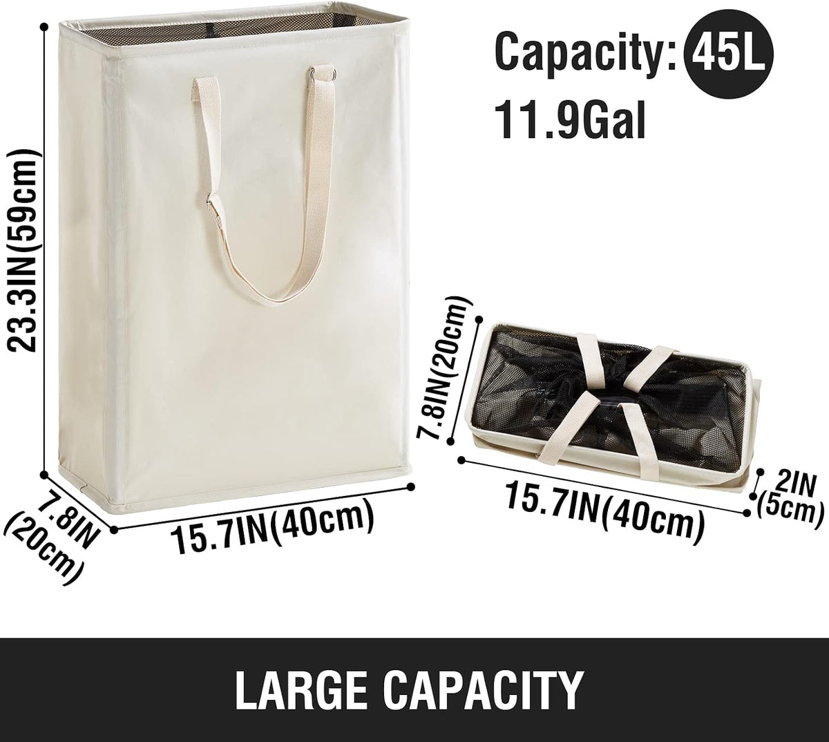 45L Slim Laundry Hamper with Adjustable Long Handles & Mesh Top, Beige
