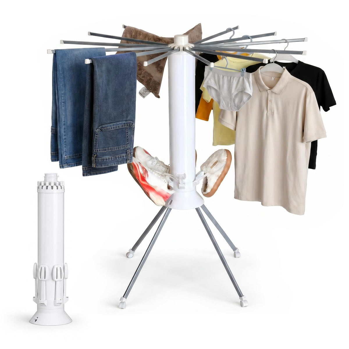 Clothes Drying Rack Foldable with Rolling Wheels, Portable Laundry Drying Rack with 16 Aluminum Arms, Stable 4-Leg Base, 360° Rotating Design for Indoor Outdoor (Double-Tier with Shoe Rack)