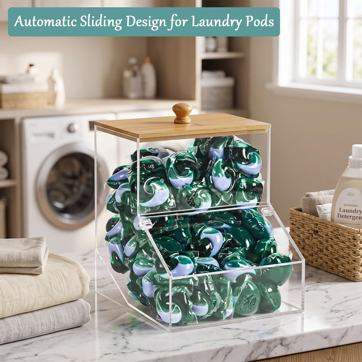 1GAL Large Acrylic Laundry Pods Container BY VEGEVIGI, Dishwasher Pods Holder Dispenser With Lid, Laundry Room Organization And Storage