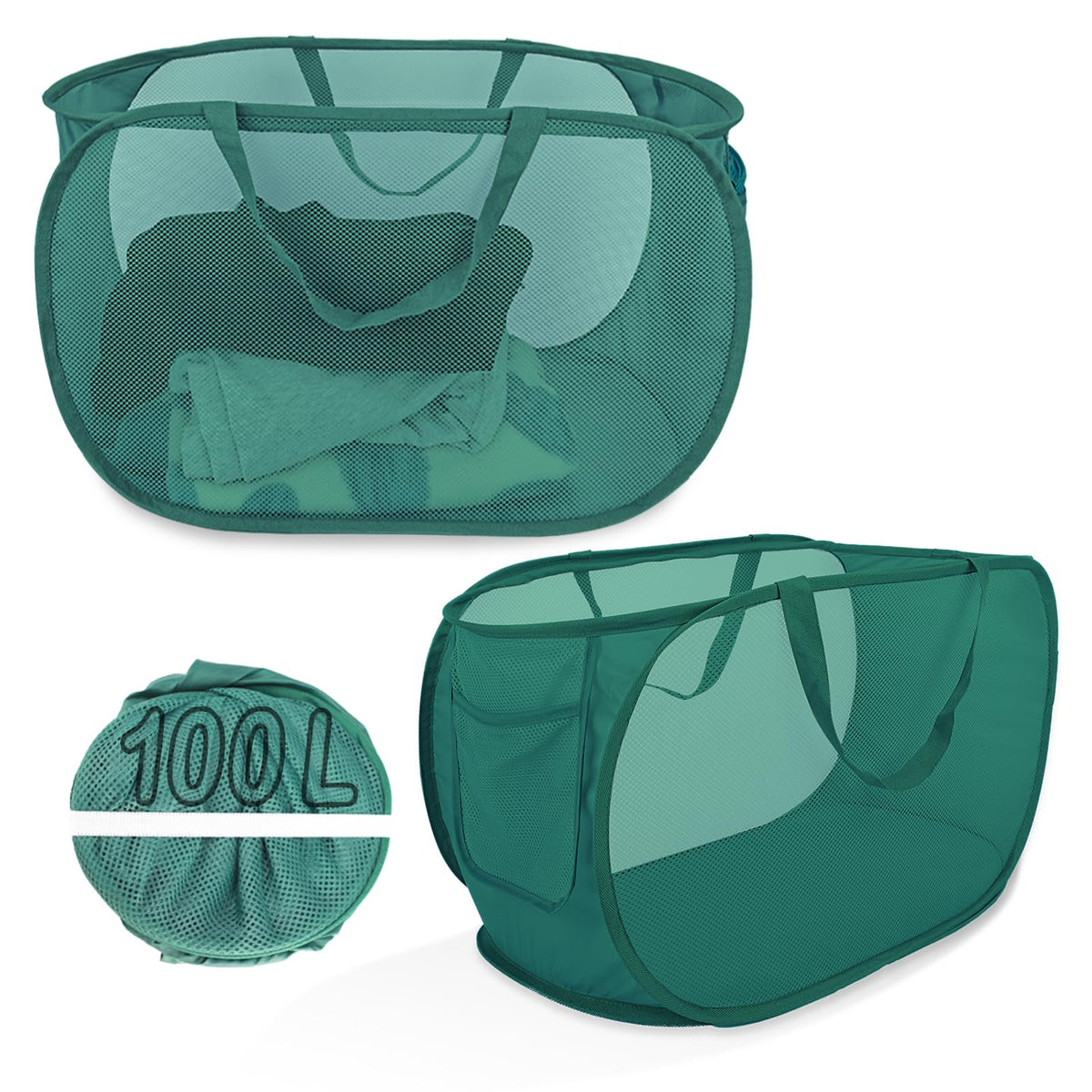 Pop Up Laundry Hamper 2 Pack with Handles & Side Pockets