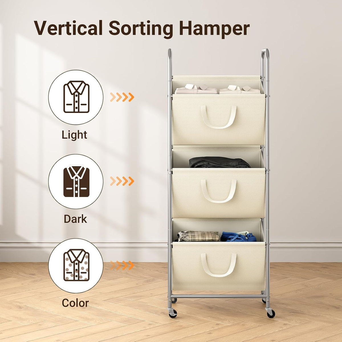 ELYKEN 3-Tier Vertical Rolling Laundry Hamper with Wheels & Removable Bags