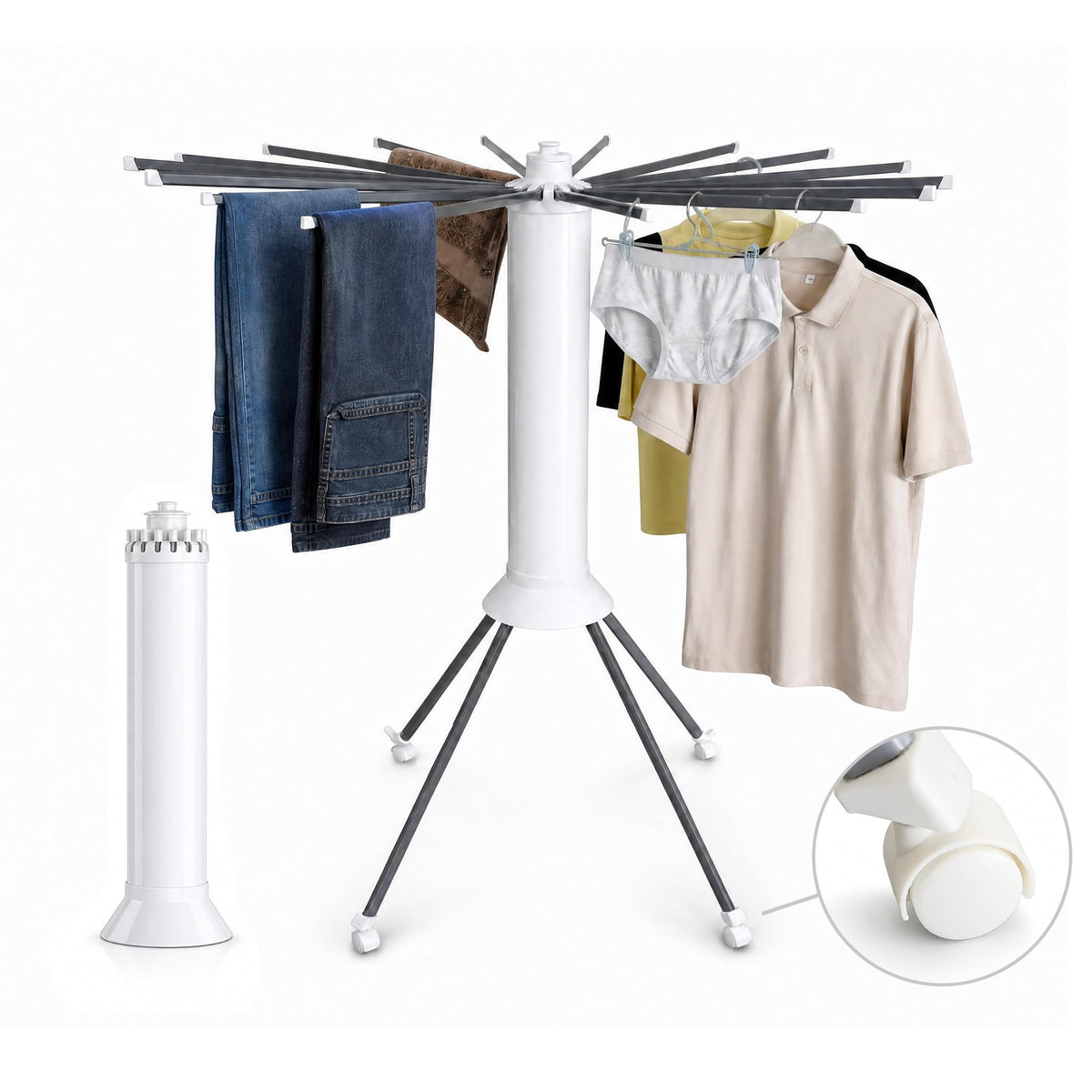 Clothes Drying Rack Foldable with Rolling Wheels, Portable Laundry Drying Rack with 16 Aluminum Arms, Stable 4-Leg Base, 360° Rotating Design for Indoor Outdoor (Double-Tier with Shoe Rack)