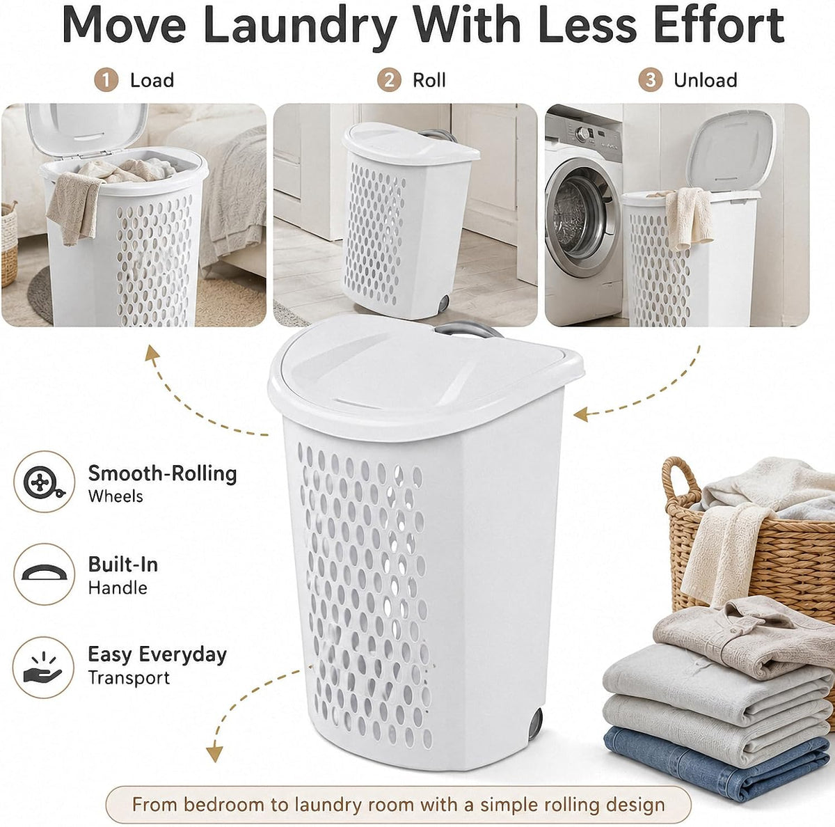 135L Wheeled Plastic Laundry Hamper, Ultra Wheeled Clothes Laundry Basket