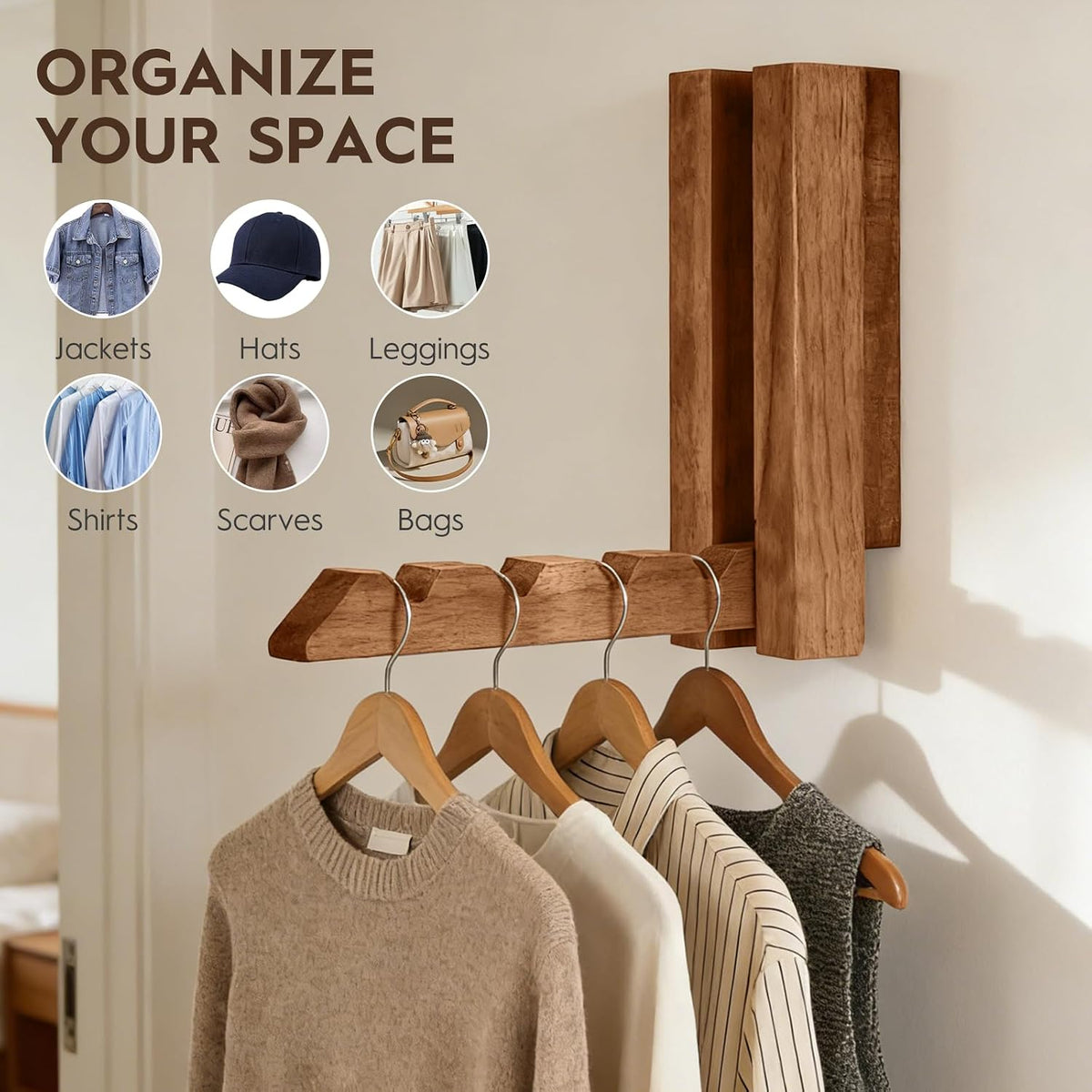 2 Pack Clothes Drying Rack Wall Mounted,Space Saver Wood Wall Mounted Folding Clothes Hanger Rack for Laundry Room,Bathrooms,Closet Storage Organization,Easy to Install