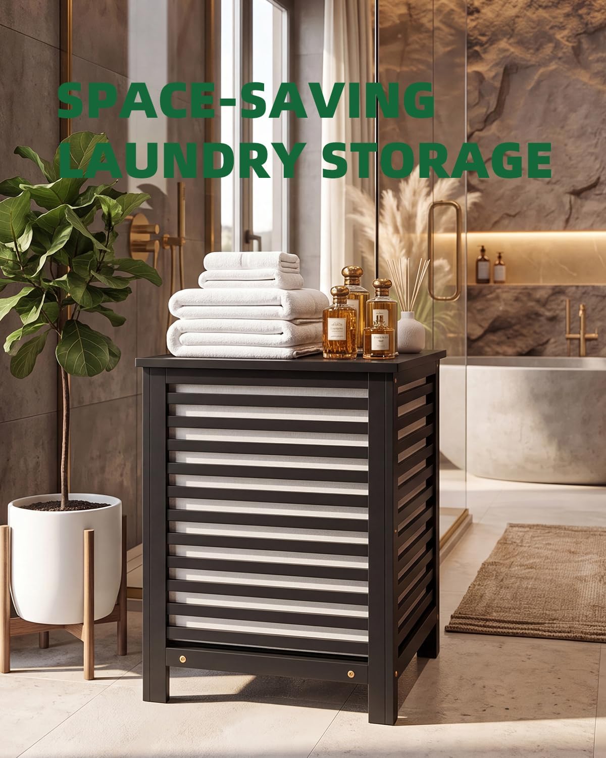 SMIBUY Double Laundry Hamper with Lid, 120L Bamboo Laundry Basket with Removable Liner Bag, 2-Section Clothes Divider Laundry Sorter for Laundry Room, Bathroom, Bedroom (Black)