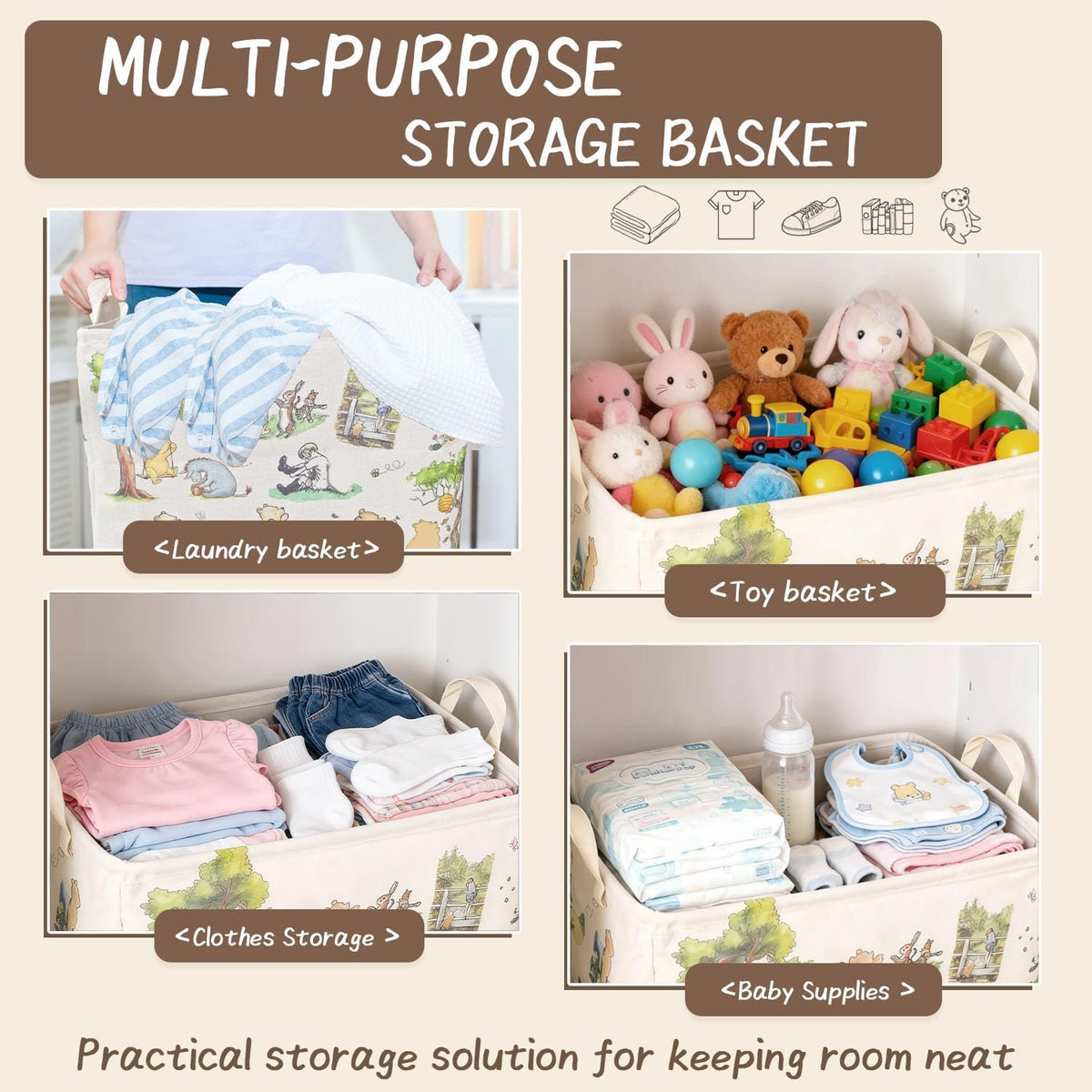 Winnie Laundry Storage Basket, Pooh Storage Basket, Foldable Canvas Laundry Hamper with Waterproof PE Coating Diaper Clothes Toys Storage, Storage Baskets for Nursery, Bear Baby Shower Gifts