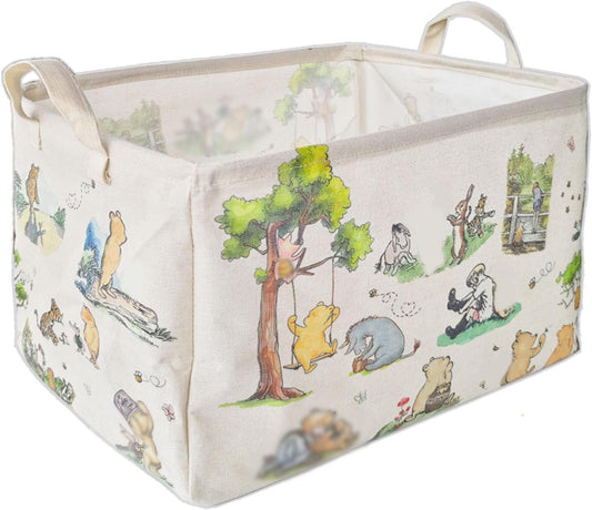 Winnie Laundry Storage Basket, Pooh Storage Basket, Foldable Canvas Laundry Hamper with Waterproof PE Coating Diaper Clothes Toys Storage, Storage Baskets for Nursery, Bear Baby Shower Gifts