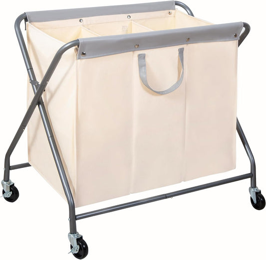 STORAGE MANIAC 160L Collapsible Laundry Hamper with Wheels, Rolling Laundry Basket, Heavy Duty Cloth Sorter with Removable Bag, Folding X Frame Clothes Organizer Cart for Easy to Store, 3 Section