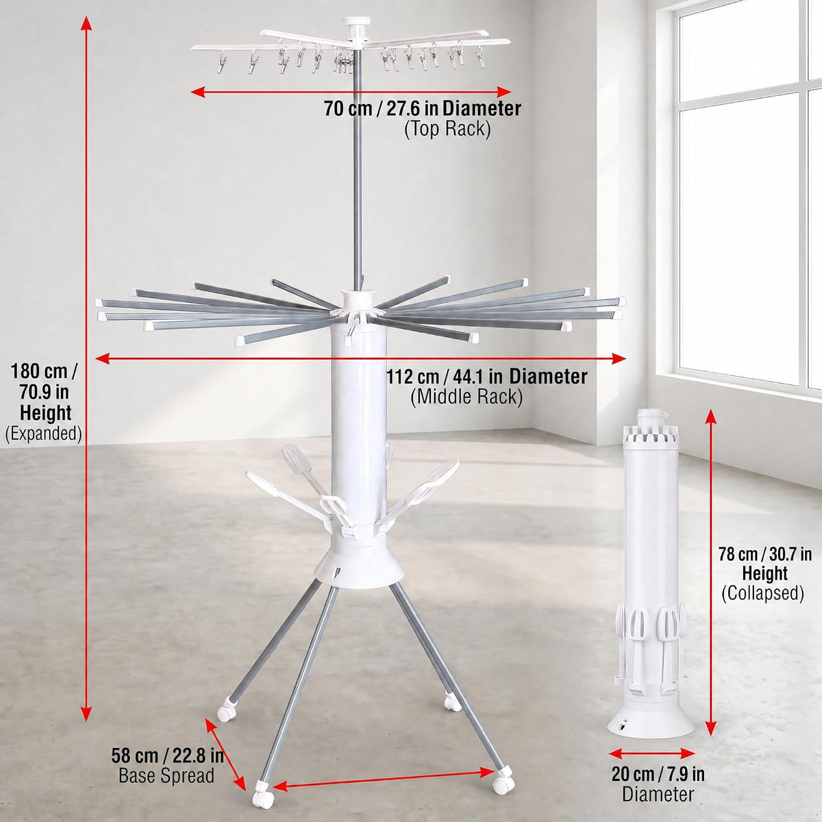 Clothes Drying Rack Foldable with Rolling Wheels, Portable Laundry Drying Rack with 16 Aluminum Arms, Stable 4-Leg Base, 360° Rotating Design for Indoor Outdoor (Double-Tier with Shoe Rack)