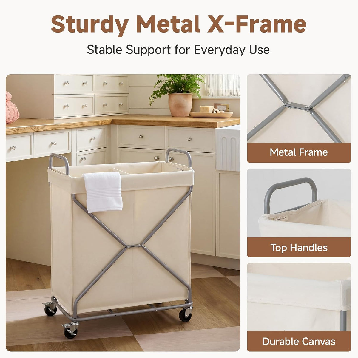 StorageWorks 2 Section Laundry Sorter with Wheels, 160L Beige Hamper Basket