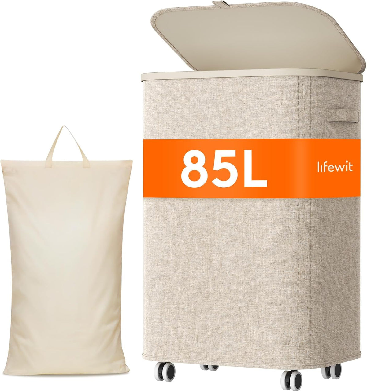 Lifewit 85L Large Laundry Basket with Wheels and Lid, Beige