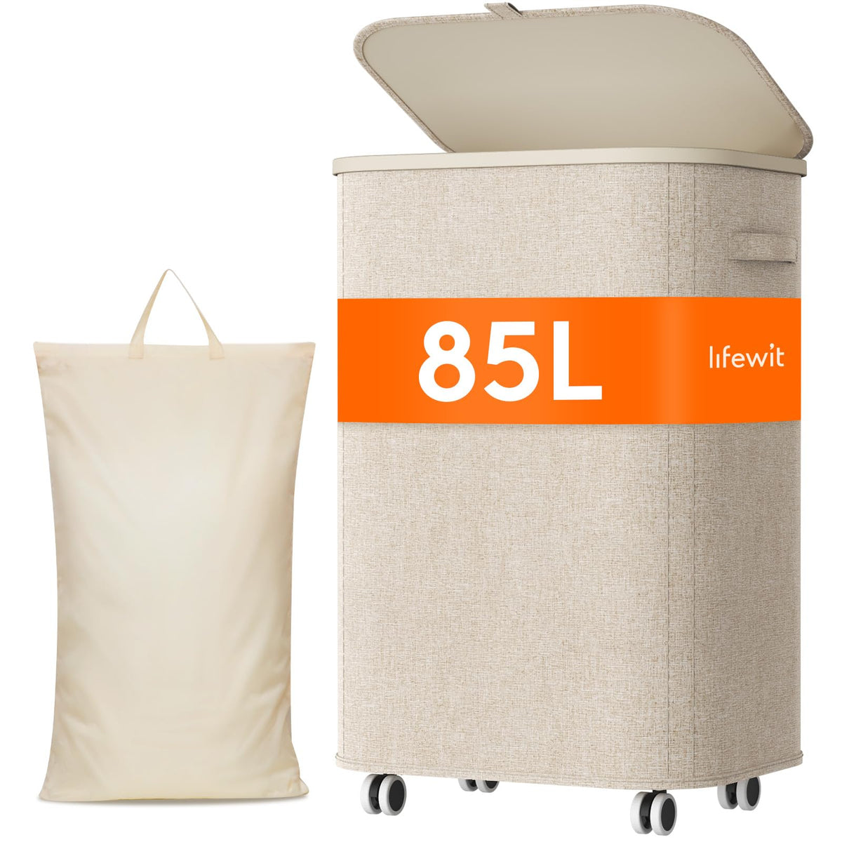 Lifewit 85L Large Laundry Basket with Wheels and Lid, Beige