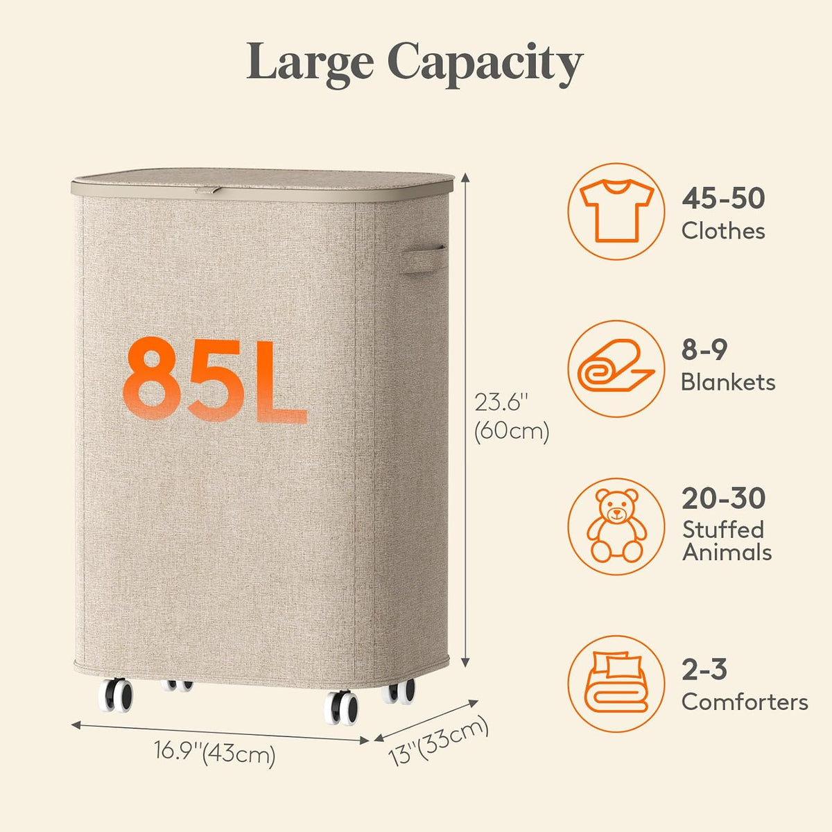 Lifewit 85L Large Laundry Basket with Wheels and Lid, Beige