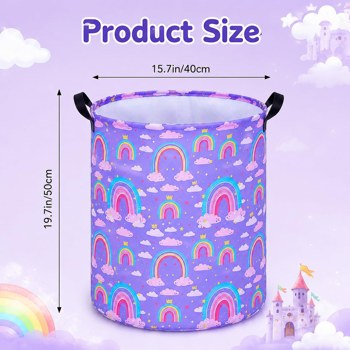 Collapsible Kids Laundry Basket Clothes Hamper, Foldable Storage Organizer Bin, Toy Clothes Storage with Handles for Boys Girls Bedroom, Room Decor Purple Rainbown