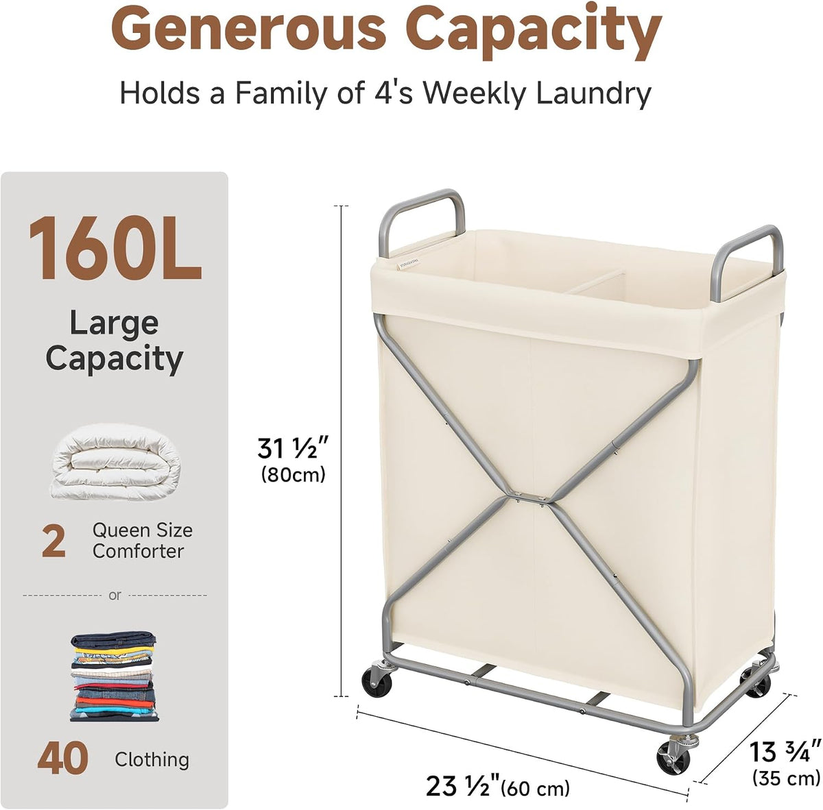 StorageWorks 2 Section Laundry Sorter with Wheels, 160L Beige Hamper Basket