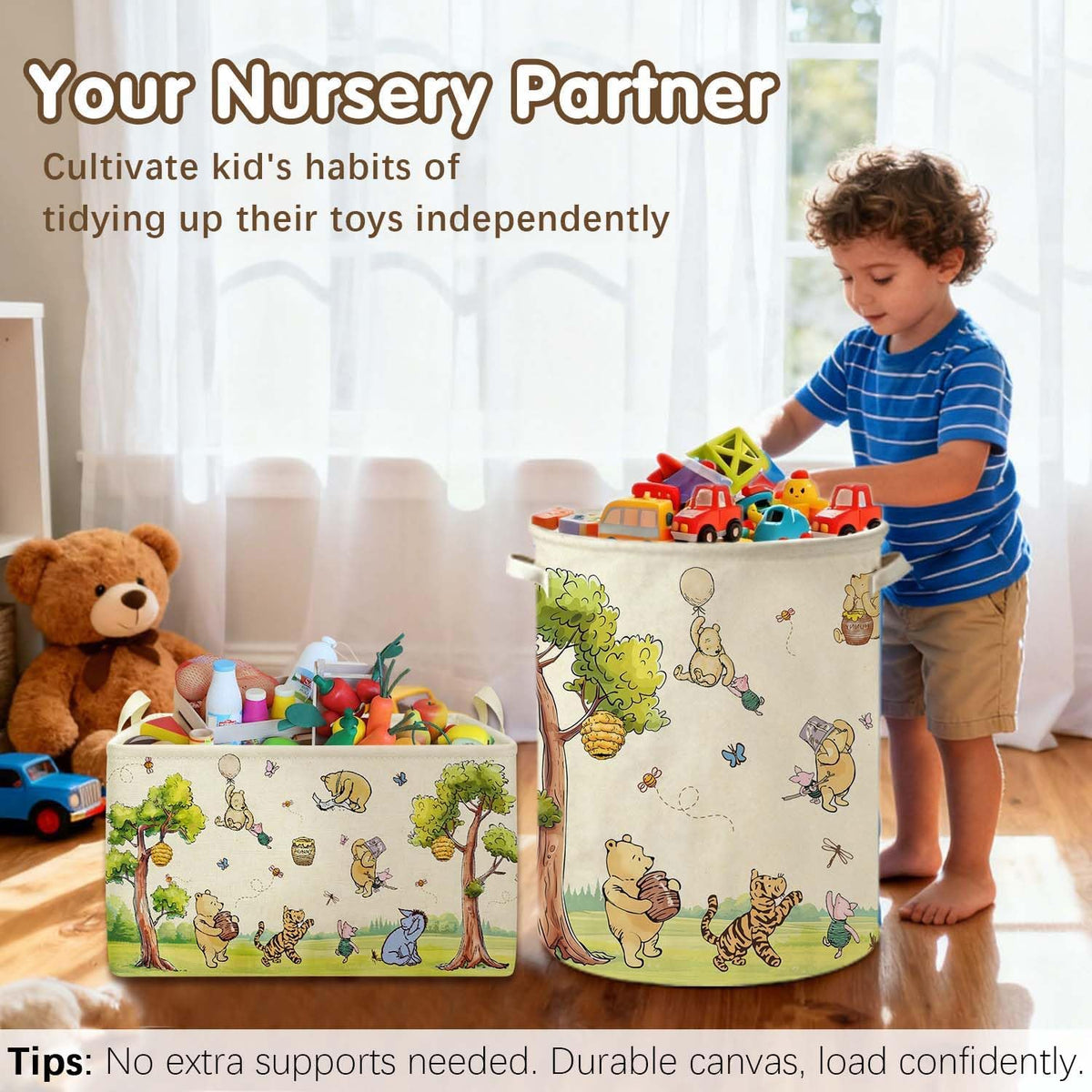 Rectangle Neutral Classic Winnie Bear Baby Basket for Nursery