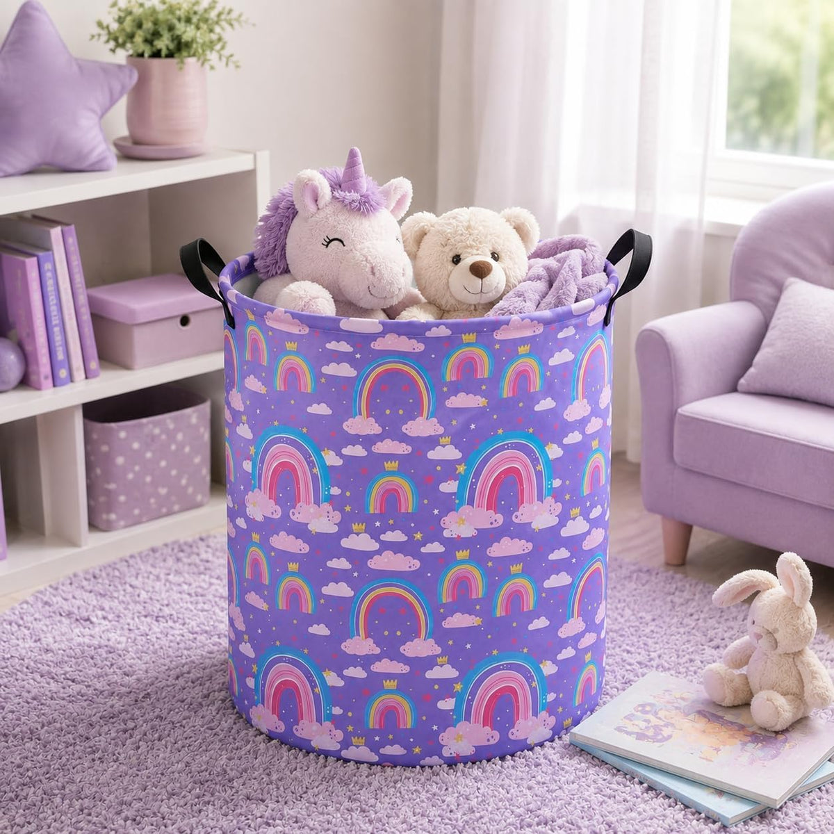 Collapsible Kids Laundry Basket Clothes Hamper, Foldable Storage Organizer Bin, Toy Clothes Storage with Handles for Boys Girls Bedroom, Room Decor Purple Rainbown