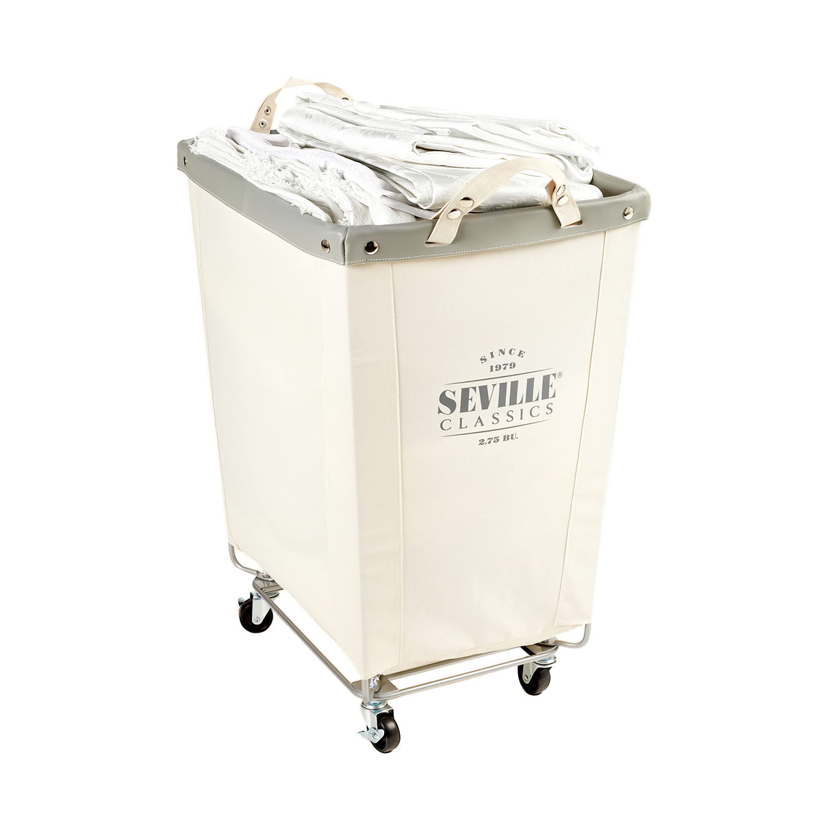 Seville Classics Large Commercial Heavy Duty Rolling Steel Frame Laundry Hamper Canvas Cart Bin, w/ Wheels for Hotel, Home, Closet, Bedroom (PATENTED), Cream, 18.1" D x 18.1" W