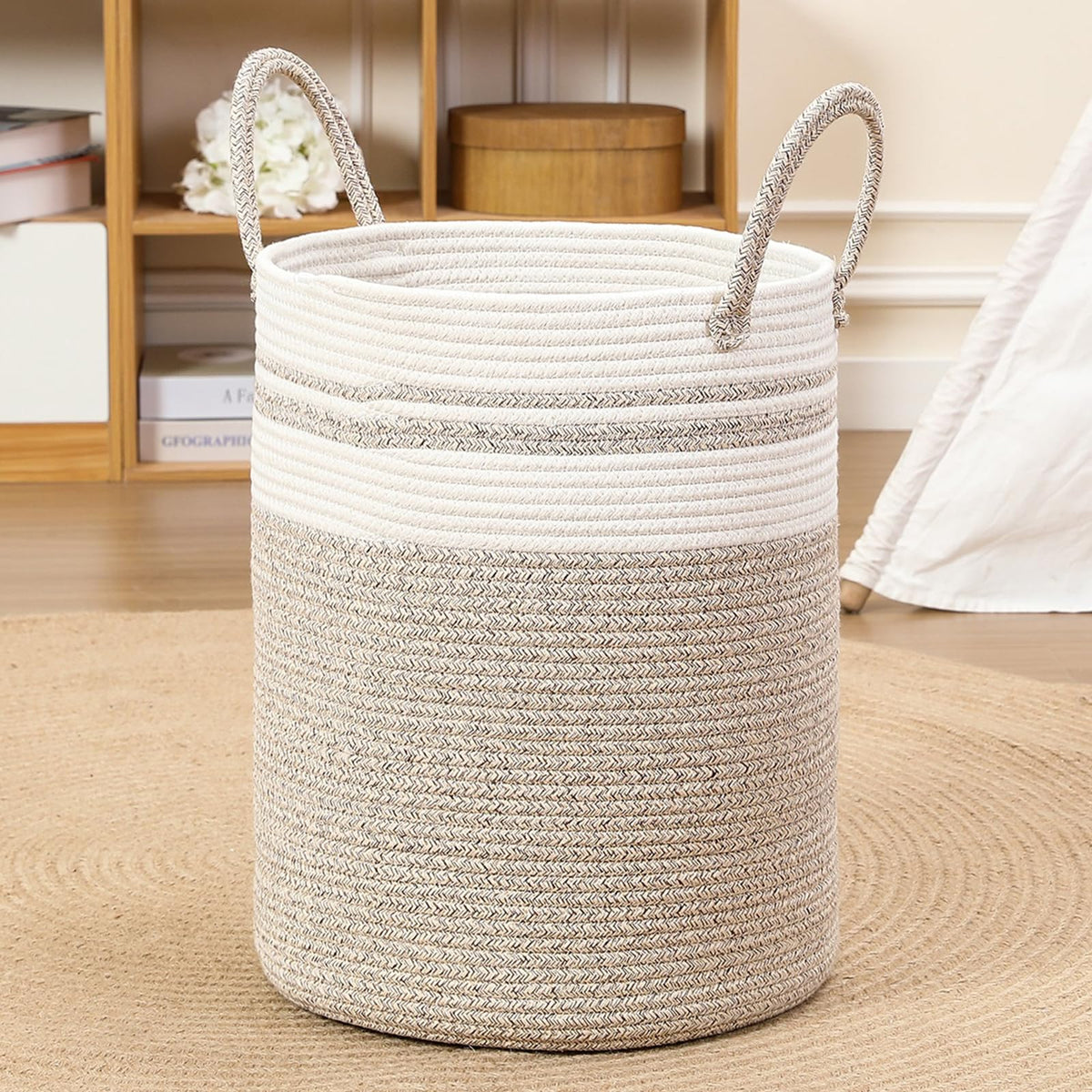 60L Large Woven Laundry Basket Hamper, 100% Natural Cotton Rope, Handwoven & Durable, Storage for Blankets, Toys, Clothes, Nursery Hamper for Living Room, Baby Room, Bedroom (Brown and White)
