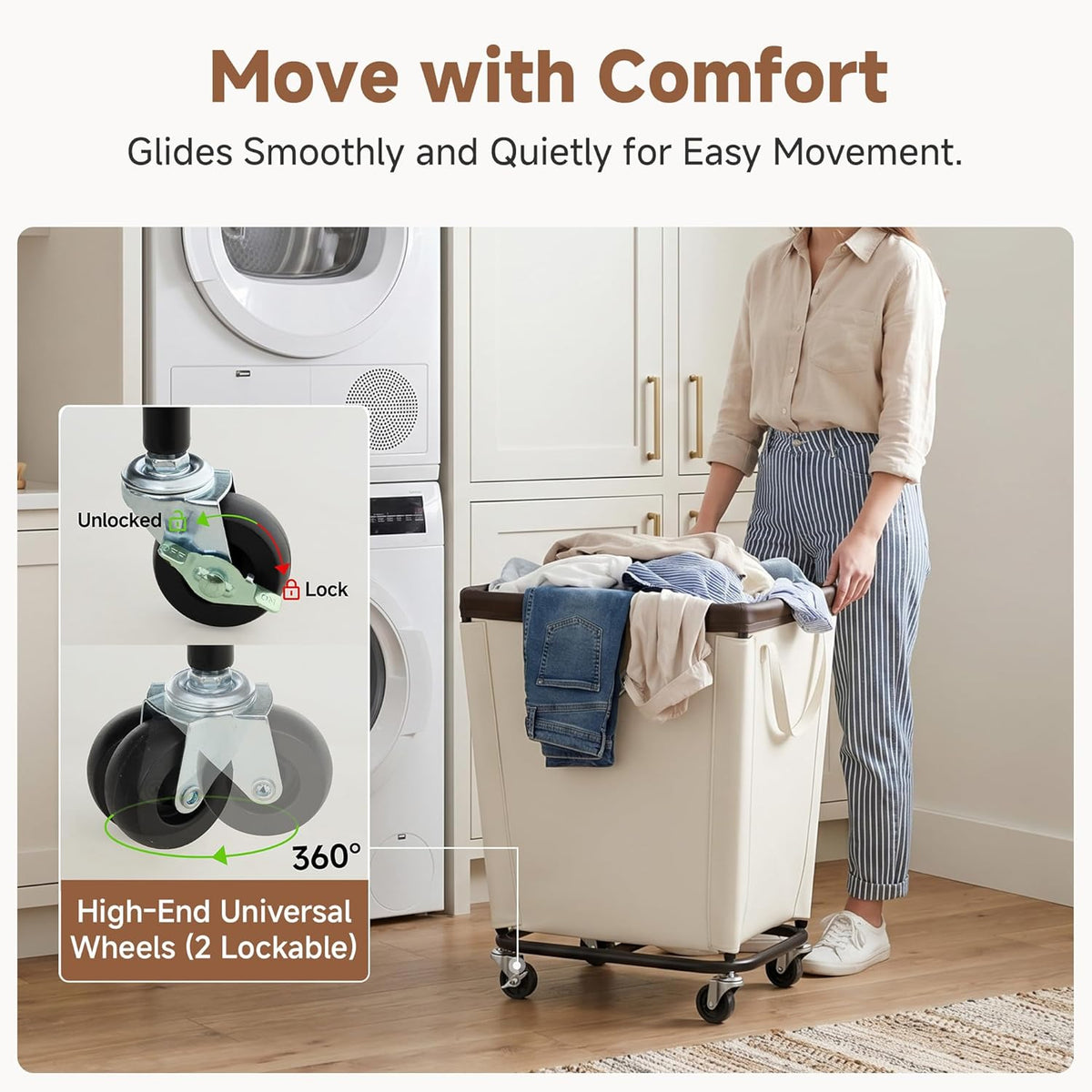 StorageWorks Laundry Hamper with Wheels, 210L Rolling Beige Basket