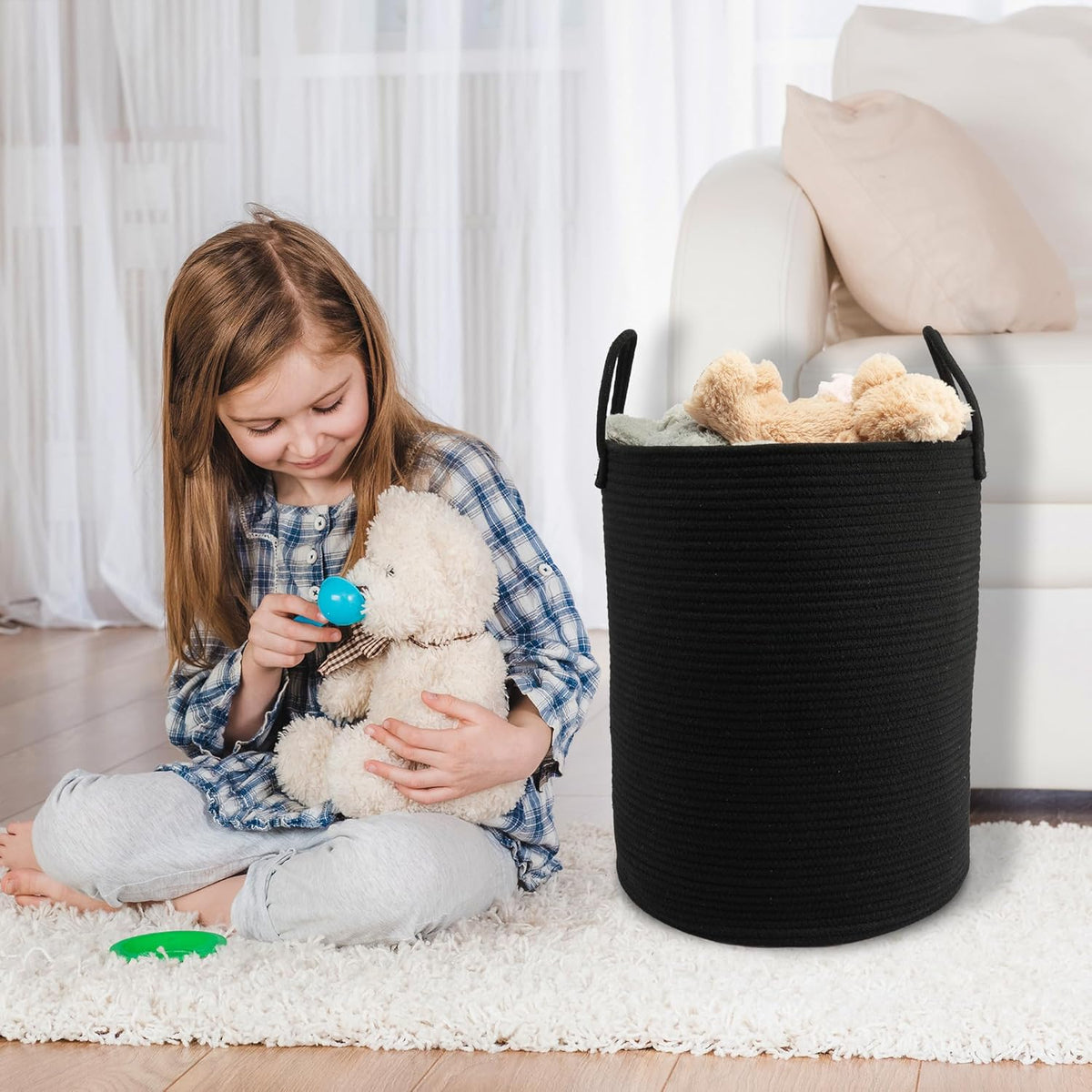 Woven Cotton Rope Laundry Basket, 15" x 20" Laundry Hamper, Black