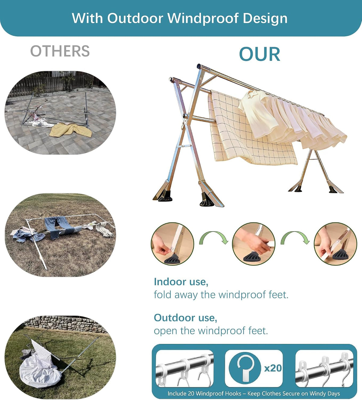 95 inch Windproof Clothes Drying Rack, Drying Rack Clothing Indoor Outdoor