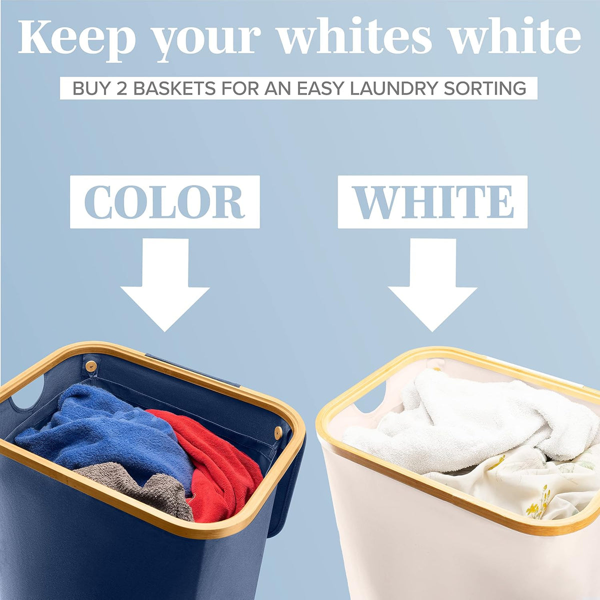 LONBET Laundry Basket with Lid, Made from Breathable Fabric | Aesthetic Clothes Hampers for Laundry with Side Handles & Sturdy Bamboo Frame (26 Gallons - Single, Blue)