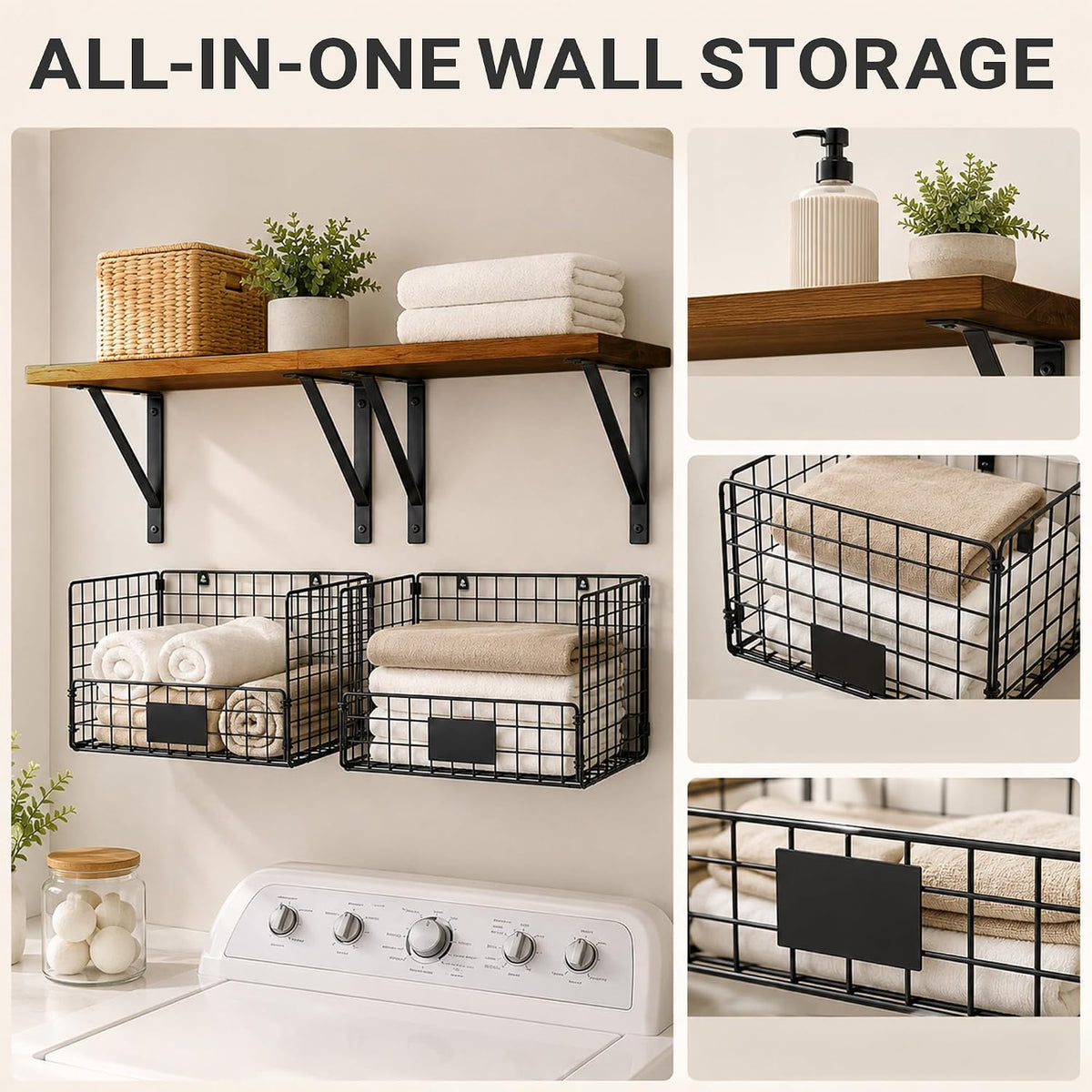 2 Pack Laundry Room Shelves Wall Mounted with Wire Mesh Baskets