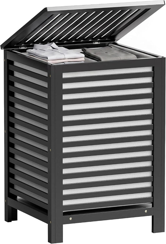 SMIBUY Double Laundry Hamper with Lid, 120L Bamboo Laundry Basket with Removable Liner Bag, 2-Section Clothes Divider Laundry Sorter for Laundry Room, Bathroom, Bedroom (Black)
