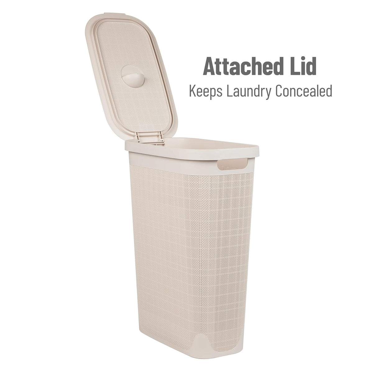 Mind Reader Slim Laundry Hamper with Lid, 40L Clothes Basket, Linen Design, Plastic, Ivory