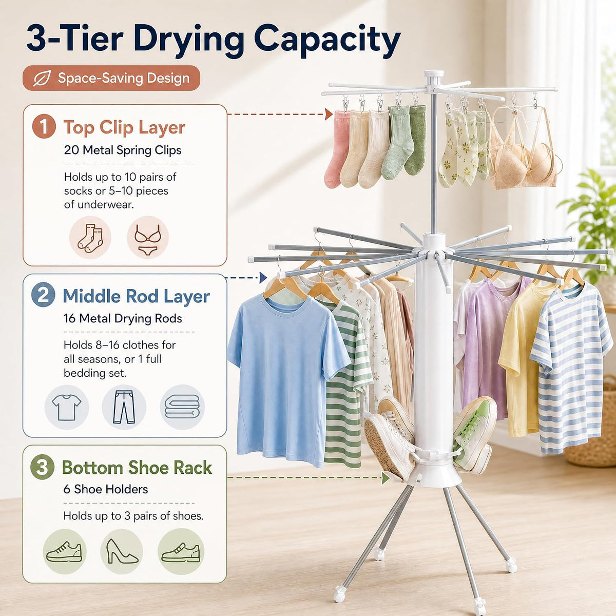 Clothes Drying Rack Foldable with Rolling Wheels, Portable Laundry Drying Rack with 16 Aluminum Arms, Stable 4-Leg Base, 360° Rotating Design for Indoor Outdoor (Double-Tier with Shoe Rack)