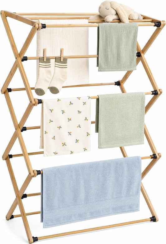 Bamboo Clothes Drying Rack, 3-Tier Tall Laundry Drying Rack