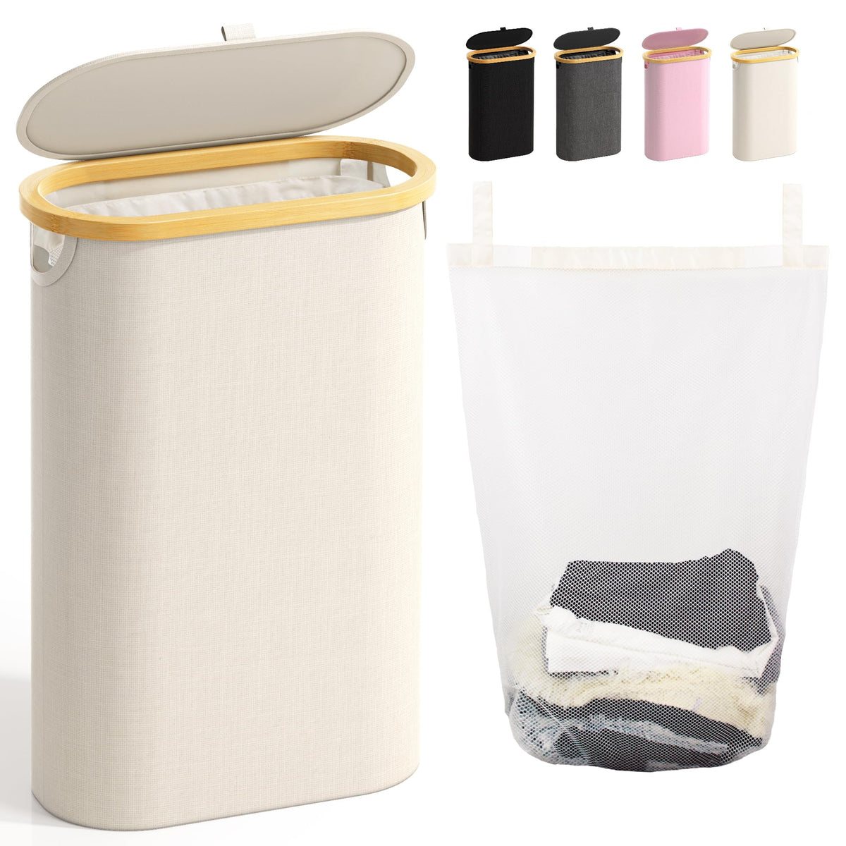 Bathola Slim Laundry Hamper with Lid, 60L Small Laundry Basket, Beige