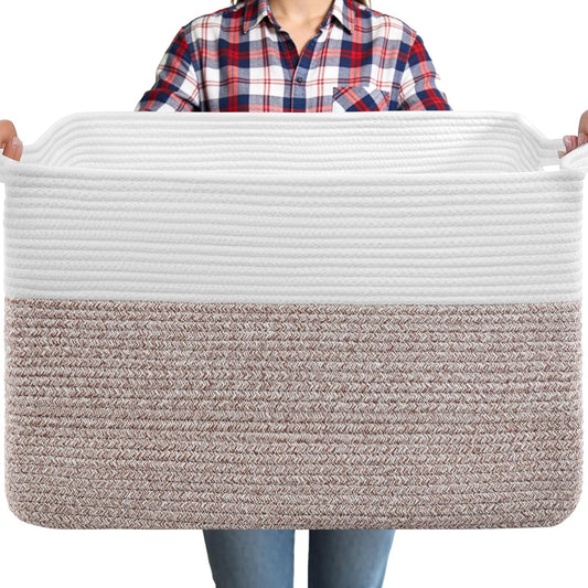 75L Large Blanket Storage Basket with Handles - White & Brown