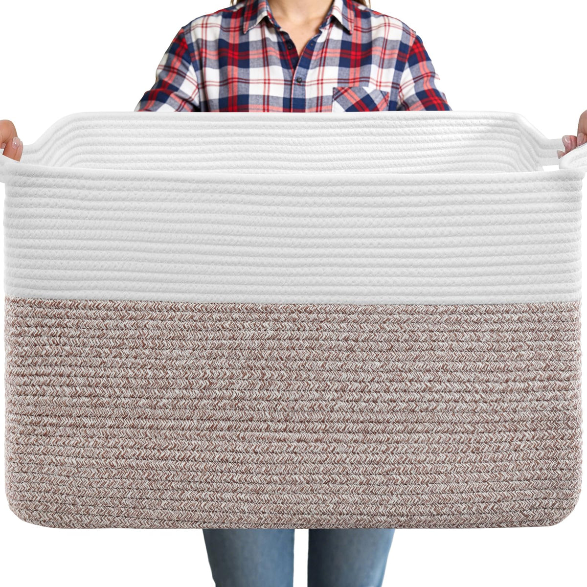 75L Large Blanket Storage Basket with Handles - White & Brown