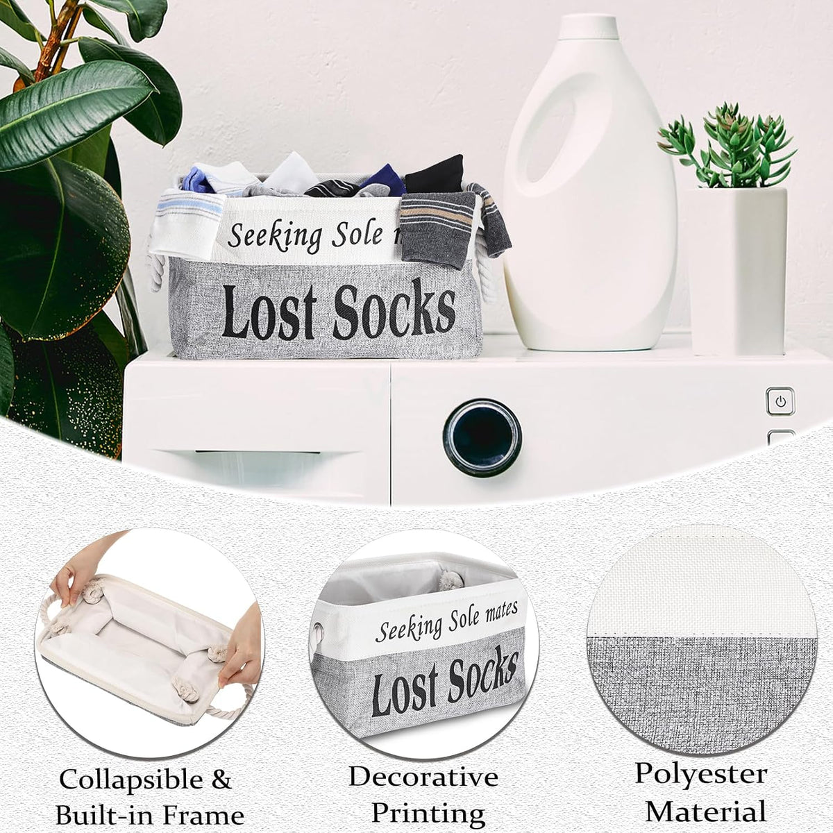 Lost Socks Basket for Laundry Room, Fabric Missing Sock Holder, Gray