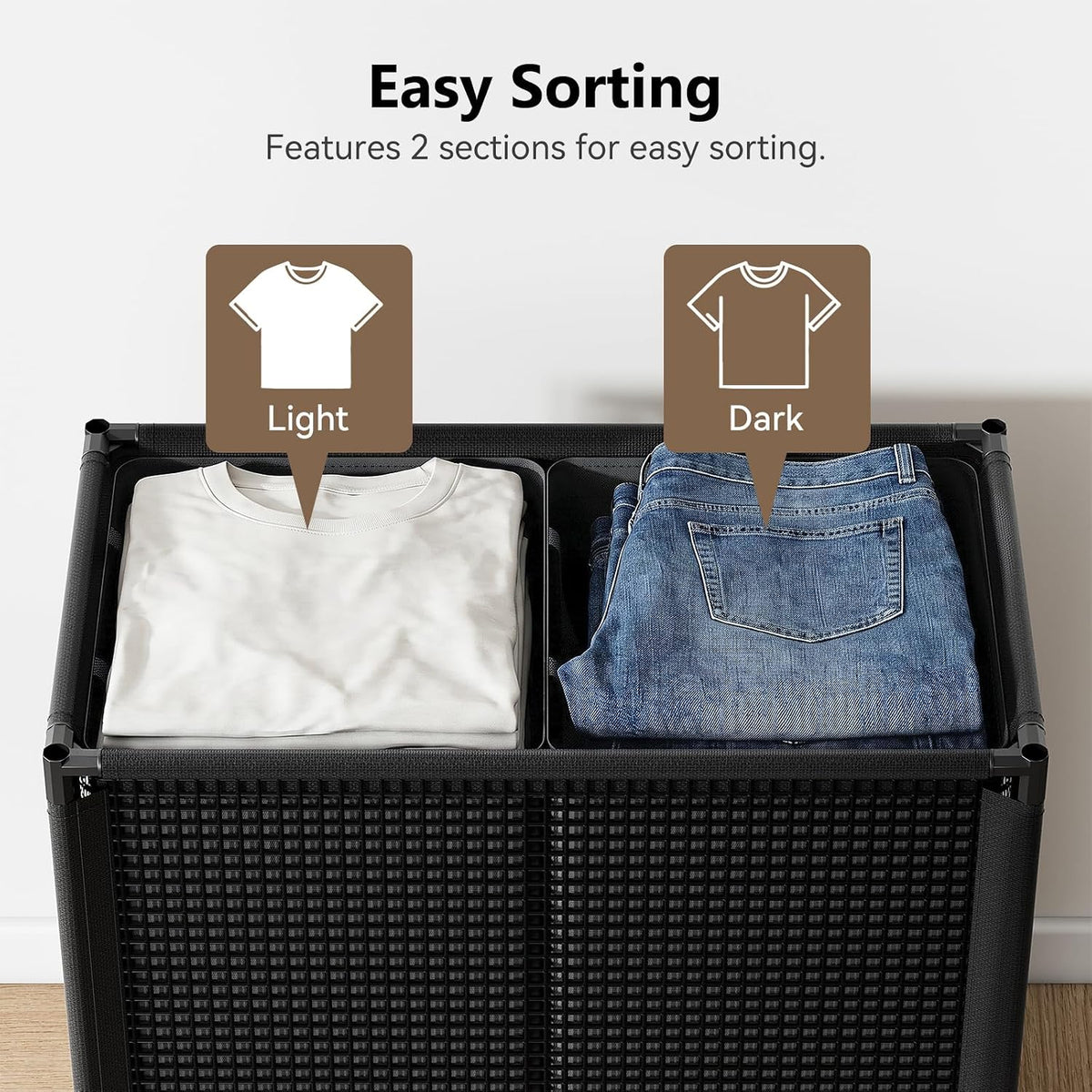 Double Laundry Hamper with Lid, 155L Large Laundry Basket 2 Section, Black