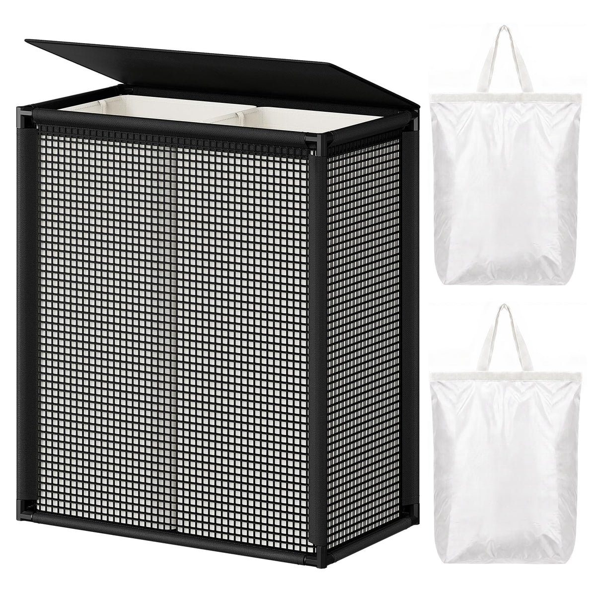 Double Laundry Hamper with Lid, 155L Large Laundry Basket 2 Section, Black