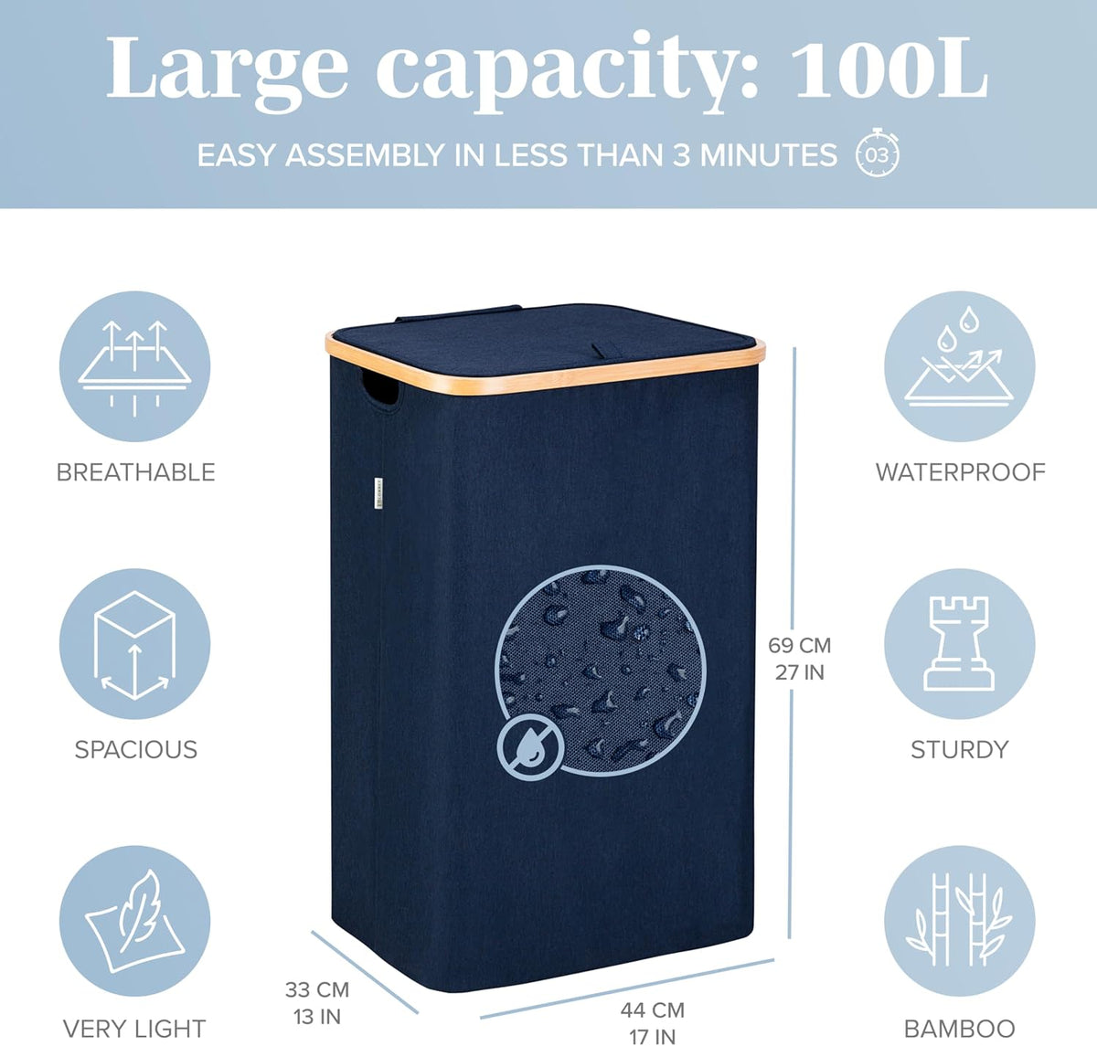 LONBET Laundry Basket with Lid, Made from Breathable Fabric | Aesthetic Clothes Hampers for Laundry with Side Handles & Sturdy Bamboo Frame (26 Gallons - Single, Blue)