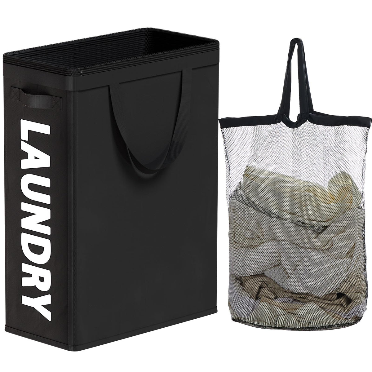 45L Slim Laundry Hamper with Adjustable Long Handles & Mesh Top, Beige