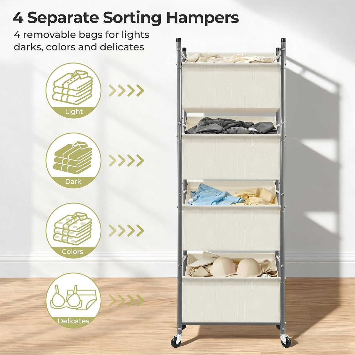 180L 4-Tier Vertical Laundry Hamper, Rolling Laundry Sorter with Wheels