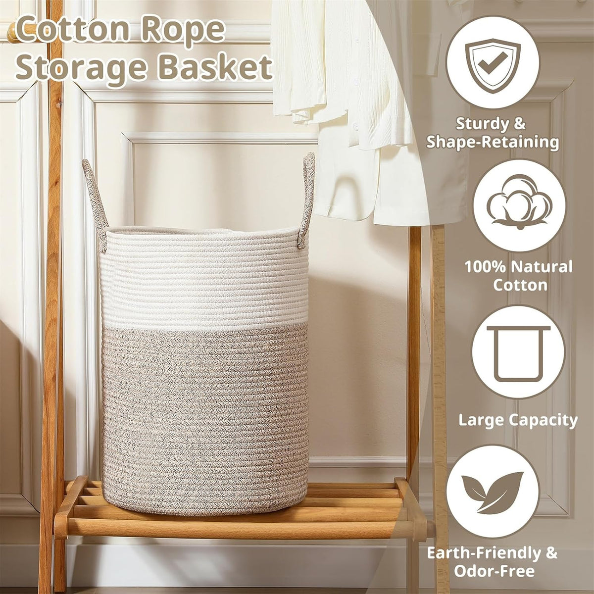 60L Large Woven Laundry Basket Hamper, 100% Natural Cotton Rope, Handwoven & Durable, Storage for Blankets, Toys, Clothes, Nursery Hamper for Living Room, Baby Room, Bedroom (Brown and White)
