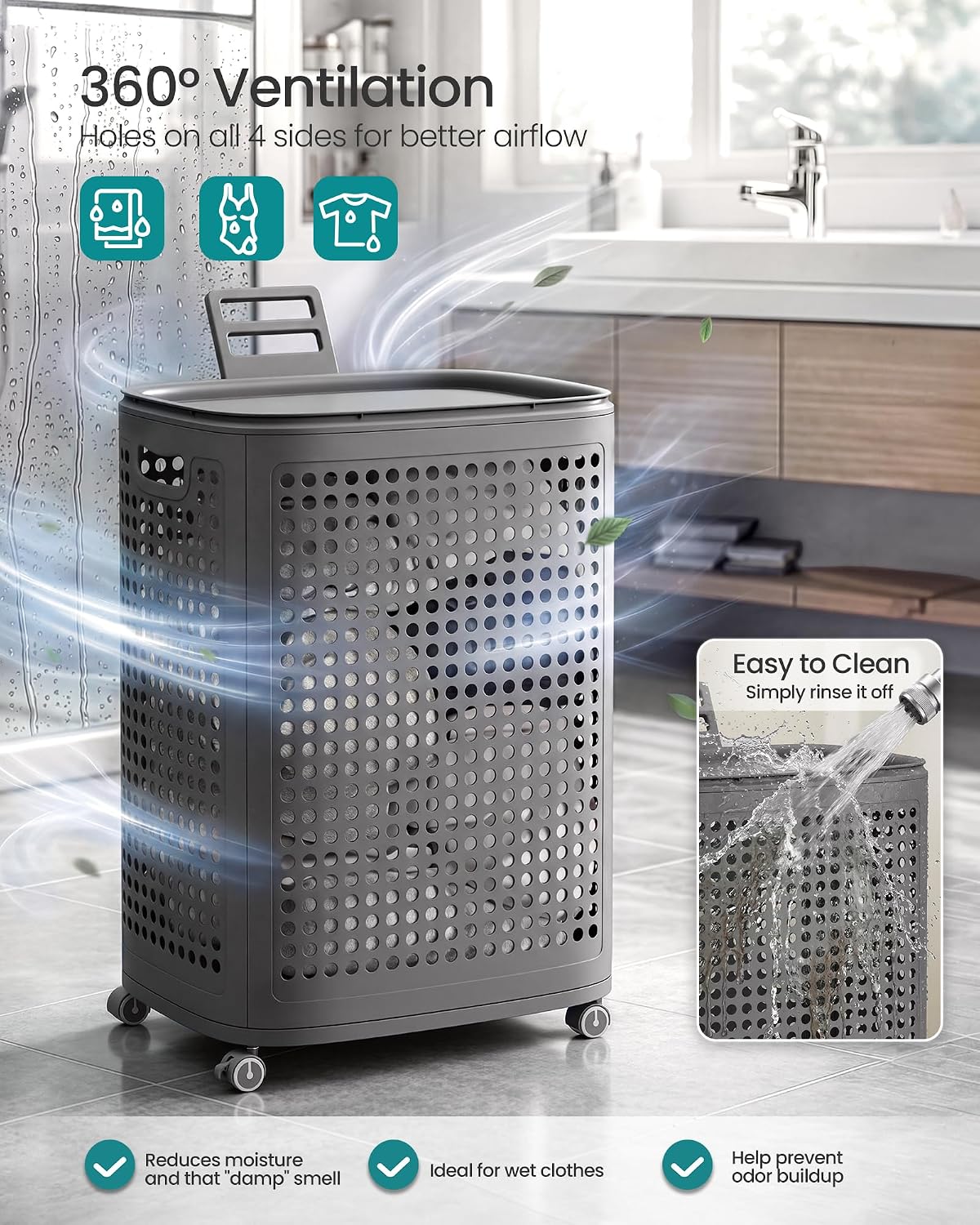 SONGMICS Laundry Hamper with Wheels, 75 L Laundry Basket with Lid