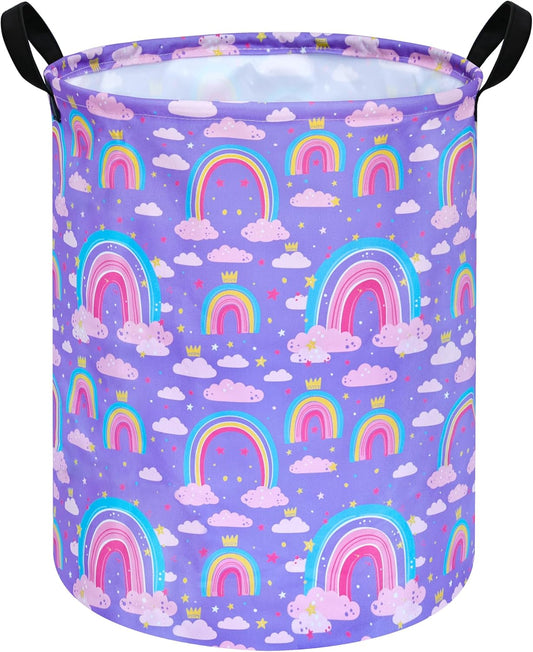 Collapsible Kids Laundry Basket Clothes Hamper, Foldable Storage Organizer Bin, Toy Clothes Storage with Handles for Boys Girls Bedroom, Room Decor Purple Rainbown