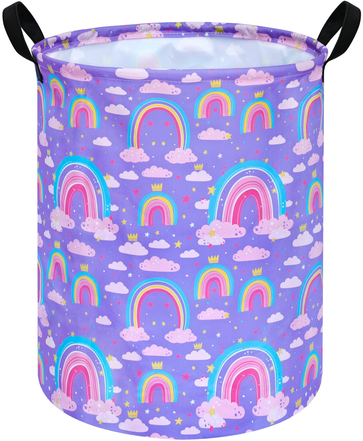 Collapsible Kids Laundry Basket Clothes Hamper, Foldable Storage Organizer Bin, Toy Clothes Storage with Handles for Boys Girls Bedroom, Room Decor Purple Rainbown