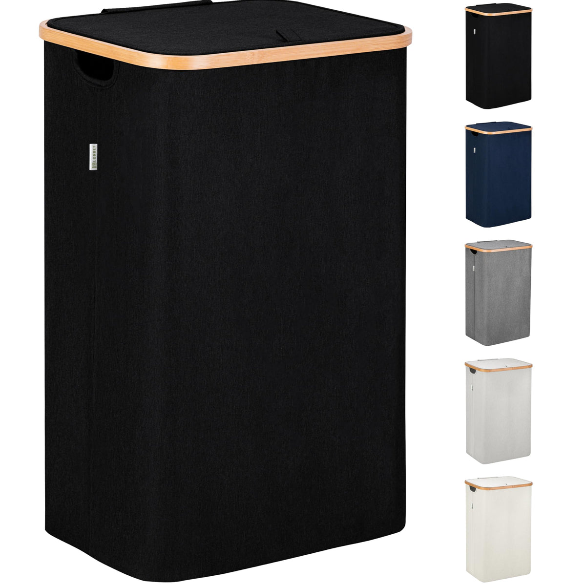 LONBET Laundry Basket with Lid, Made from Breathable Fabric | Aesthetic Clothes Hampers for Laundry with Side Handles & Sturdy Bamboo Frame (26 Gallons - Single, Blue)